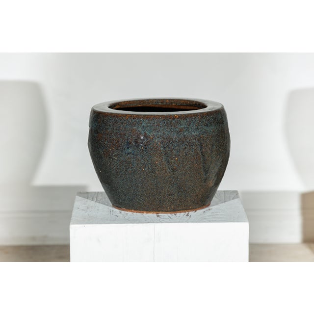 Vintage Chinese Brown and Blue Speckled Planter with Wide Opening For Sale - Image 16 of 18