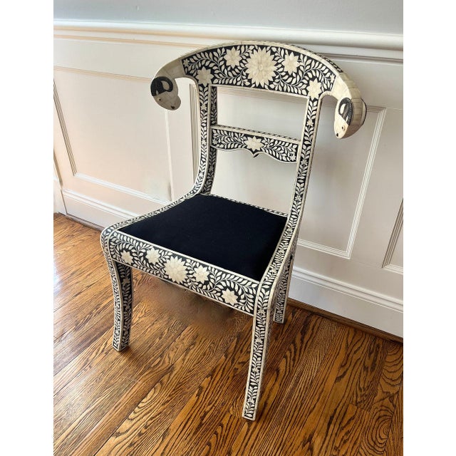 English Early 20th Century Set of 4 Anglo-Indian style, bone inlay, ram's head dining chairs For Sale - Image 3 of 11