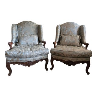 Antique French Regency Bergere Armchairs, Walnut Hand-Carved in France, 18th Century, a Pair For Sale