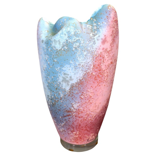 Large abstract form raku fired ceramic vase on lucite base by renowned master ceramicist Tony Evans (1942-2009). Evans...