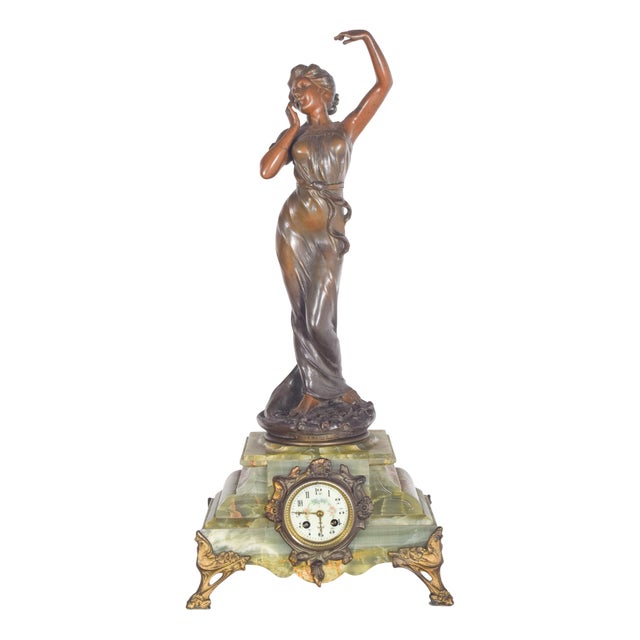 French Table Clock with Marble Base and Figure, 1910s For Sale