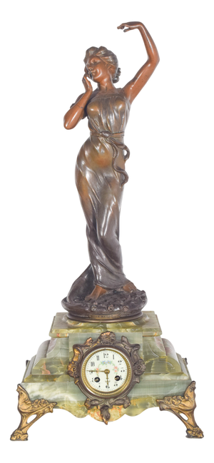 French Table Clock with Marble Base and Figure, 1910s