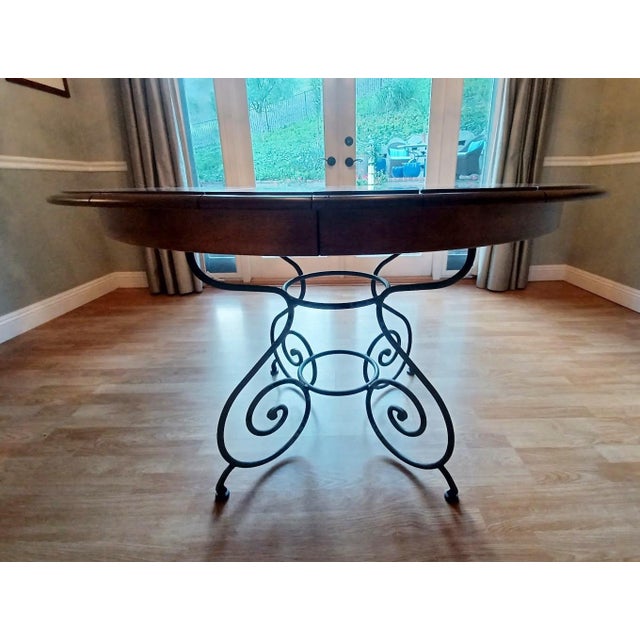 Ethan Allen Refinished Round Dining Table With Iron Metal Base & Leaf