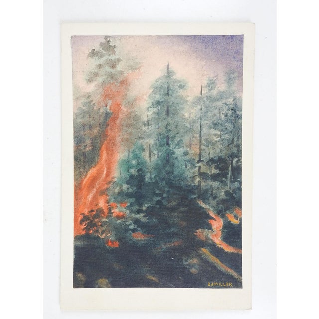 Rustic Vintage Mid 20th Century Forest Fire Watercolor Painting For Sale - Image 3 of 3