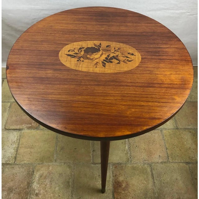 Art Deco French Art Deco Style Round Wooden Cocktail or Side Table With Marquetry Center For Sale - Image 3 of 5