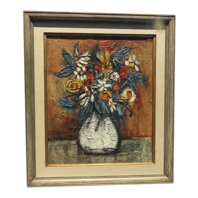 Mid 20th Century Floral Still Life Acrylic Painting, Framed For Sale