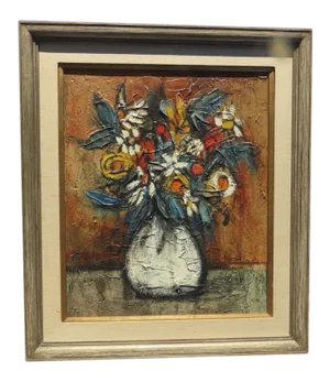 Mid 20th Century Floral Still Life Acrylic Painting, Framed