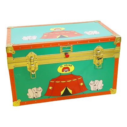 Metal Chest with Circus Decoration and Orange Edges For Sale