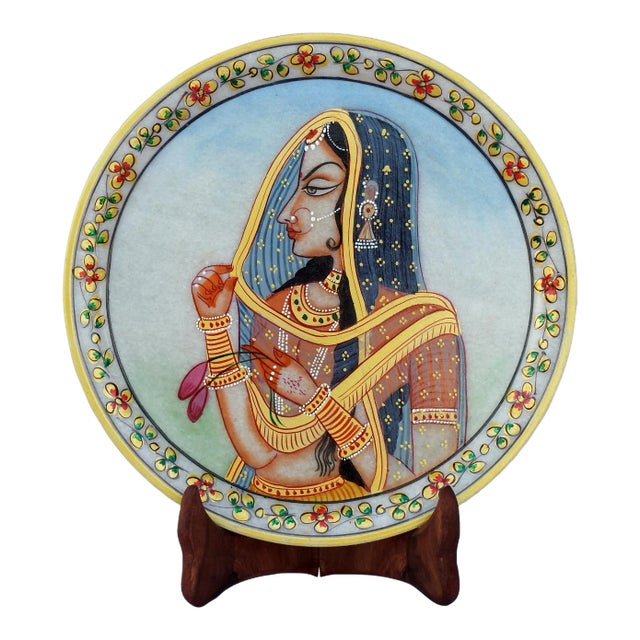 Marble Handicraft Plate Rajasthani Women Bani Thani Tribal Ethnic Hand Painted For Sale