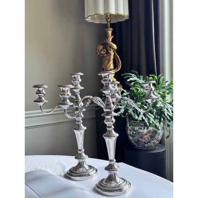 MOS2026Antique Silver Plated Three Arm English Candleabras - A Pair For Sale - Image 4 of 18