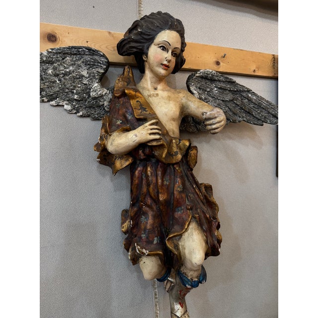Antique Italian Carved Wood Angel, Original Paint, Circa 1880s For Sale - Image 4 of 17