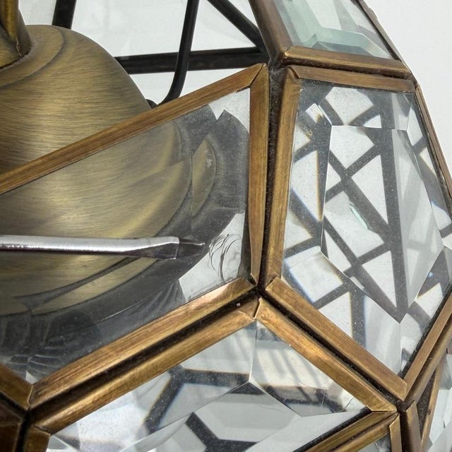Art Deco Italian Revival Brass and Beveled Glass Lantern, 1970s For Sale - Image 10 of 18