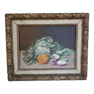 Vintage Italian Still Life Painting on Wood Panel – Antique Framed Vegetable Still Life – Turin Italy – Decorative Art For Sale