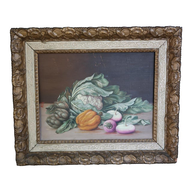 Vintage Italian Still Life Painting on Wood Panel – Antique Framed Vegetable Still Life – Turin Italy – Decorative Art For Sale
