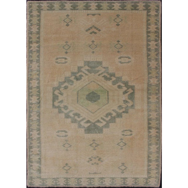 Vintage Hand Knotted Oushak Rug With Central Medallion Warm Tones With Green Tones For Sale - Image 11 of 11