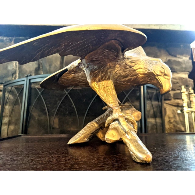 Vintage Solid Brass Eagle Sculpture on Branch Pedestal Base, 19" Wingspan For Sale - Image 14 of 14