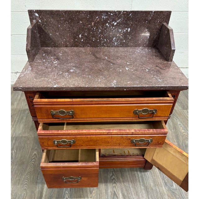 Victorian Antique Victorian Eastlake Marble Top Walnut Chest Nightstand Washstand Commode For Sale - Image 3 of 8