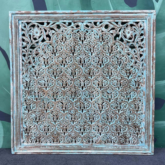 Indian Vintage Sky Blue Carved India Panel / Headboard 60" For Sale - Image 3 of 4