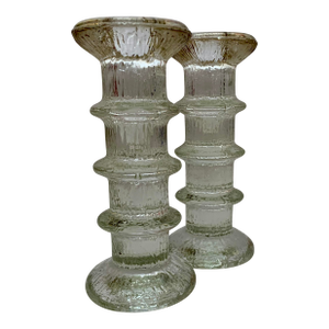 1970s Iittala Finland Mid Ccentury Pair of Glass Candleholders