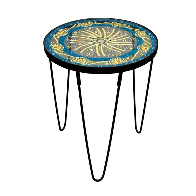 African Hand Painted Glass Round Side Table Blue Chairish