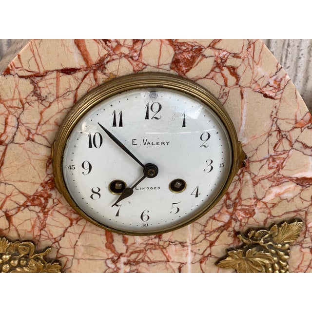 Art Deco Pink Marble Set of Mantle, Desk or Chapel Clock With Bronze Details For Sale - Image 6 of 11