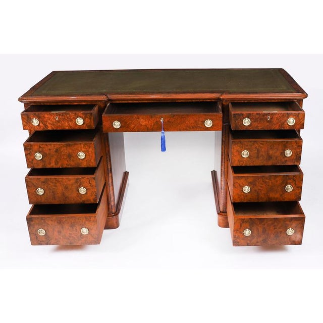 Brown Antique Victorian Burr Walnut Twin Pedestal Desk, 19th Century For Sale - Image 8 of 18