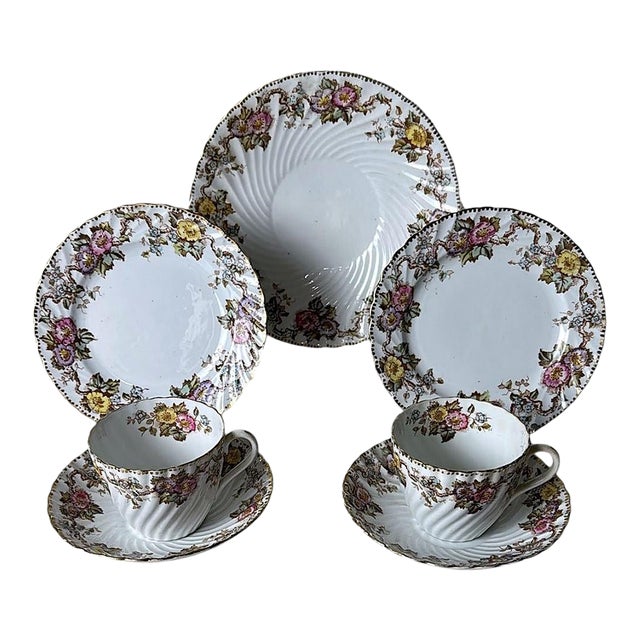 Mid 19th Century Staffordshire Pair of Coffee/Tea Cups With Saucers and Dessert Tray For Sale
