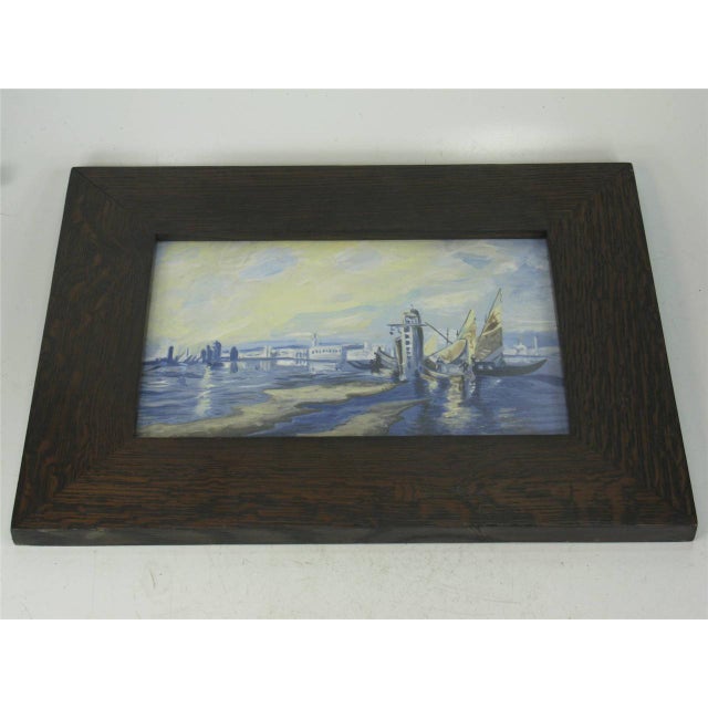 1990s Harbor Scenic Hand-Painted Tile Plaque Oak Framed Arts Crafts Richard Freiwald For Sale - Image 9 of 12