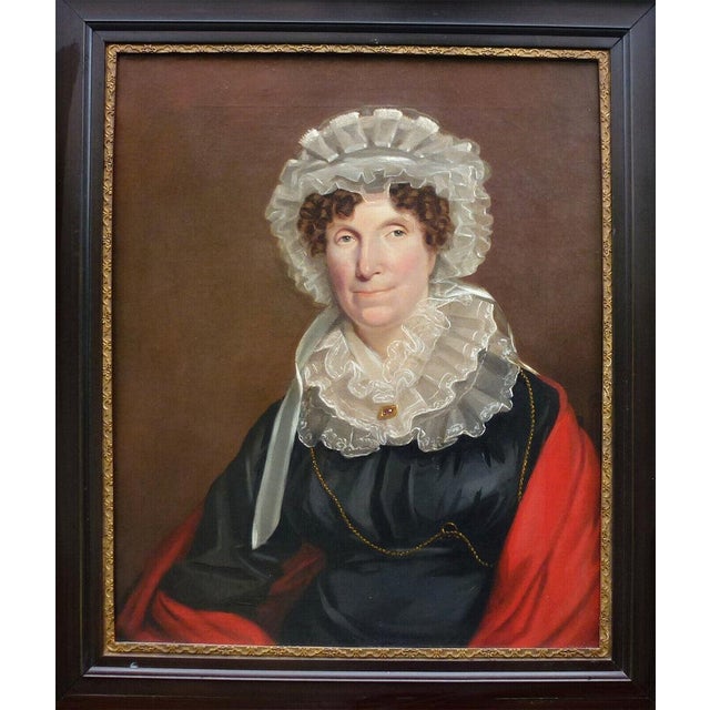 Huge Antique French Oil Painting Portrait, c.1800 Woman in Lace Bonnet, Red Shawl, Heavy 38" X 34" Wood Frame For Sale - Image 11 of 12