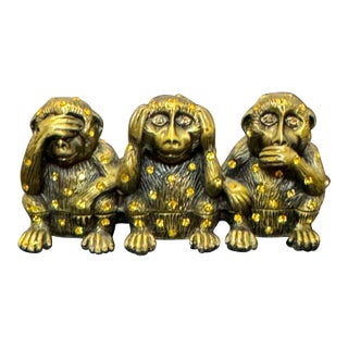 Milton & Lorie Three Wise Monkeys Trinket Box Bejeweled Rhinestone Gold Tone VTG For Sale