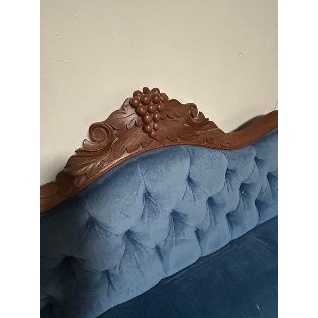 Late 19th Century Antique Victorian Eastlake Tufted Blue Velvet Walnut Parlor Settee Sofa For Sale - Image 5 of 9