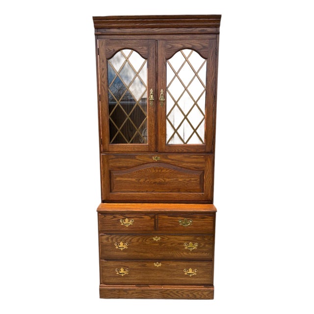 1980s Pennsylvania House Oak Chippendale Desk Cabinet Display Hutch Shelf Chippendale For Sale