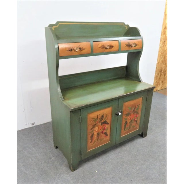 Primitive country style paint decorated bucket bench. Made by S Schub. 3 small drawers on top over 2 lower doors