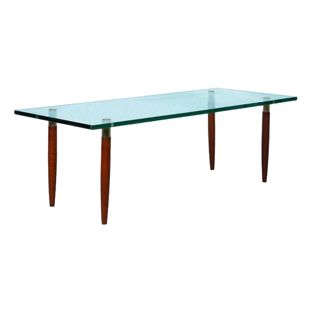 Vintage Coffee Table in Glass, Teak & Brass For Sale