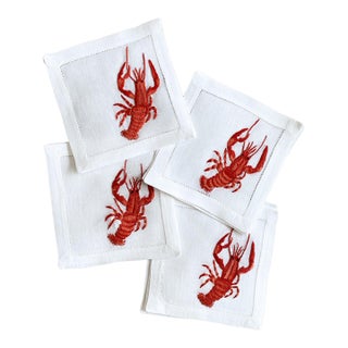 Hand Embroidered Lobster Cocktail Napkins- Set of 4 For Sale