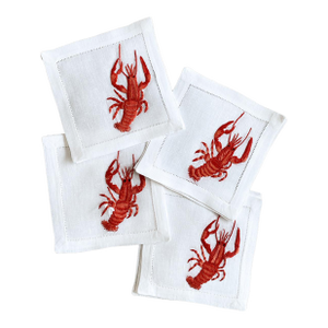 Hand Embroidered Lobster Cocktail Napkins- Set of 4