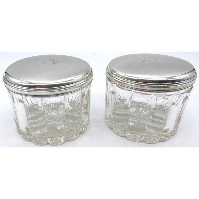 French Pair French 'Royal' Silver Armorial Cut Glass Bamboo Motif Dresser Jars For Sale - Image 3 of 7