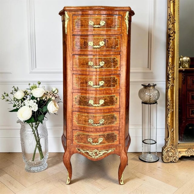 Louis XV Style Semainier Chest | Vintage Lingerie Chest | European-Inspired Statement Piece | Burl Walnut For Sale - Image 4 of 11