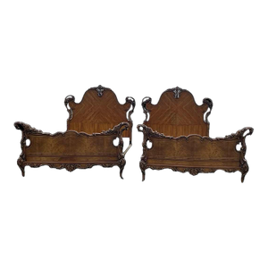 Antique French Rococo Carved Mahogany and Burlwood Twin Beds- Set of 2
