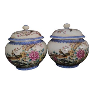 Pair of Chinese Famille Rose Porcelain Covered Jars With Birds & Peony Motif For Sale