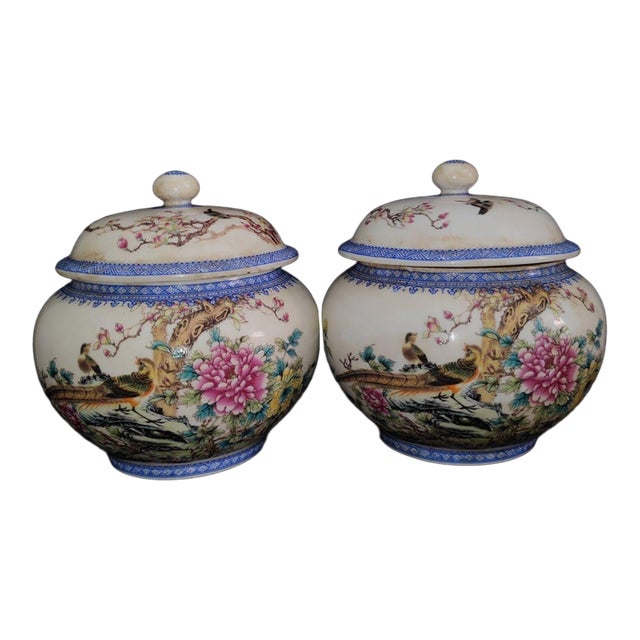 Pair of Chinese Famille Rose Porcelain Covered Jars With Birds & Peony Motif For Sale