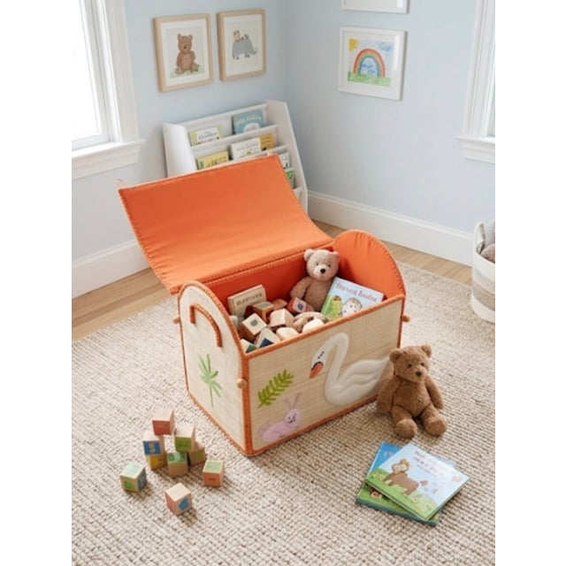 Vintage Madagascar Woven Raffia Domed Toy Box Trunk With Swan Appliqué For Sale - Image 12 of 12
