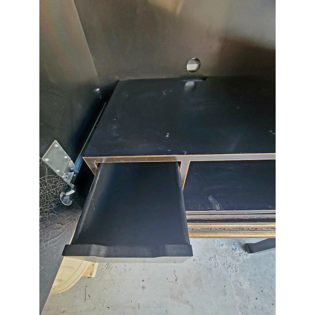 Vintage Chinoiserie Massive Black Bronze Hand Painted Garden Pagoda Scene Fretwork Storage/Tv Cabinet For Sale - Image 12 of 15