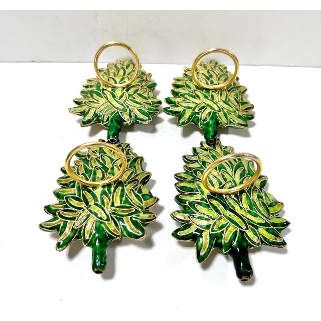 Green Vintage Cloisonné Christmas Tree Napkin Rings With Golden Pears, Set of 4 For Sale - Image 8 of 9