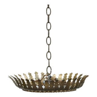 Mid 20th Century Spanish Gilt Metal Semi-Flush Crown Chandelier with Stylized Foliage For Sale