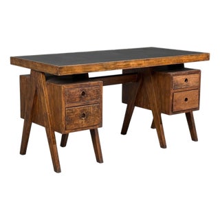 Pierre Jeanneret, Rare Writing Desk, Teak, Leatherette, Chandigarh, India, 1960s For Sale