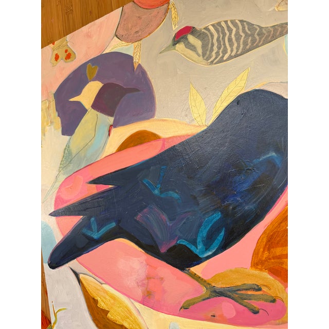 This 24” x 24” painting on a stretched canvas depicts a Raven the main character surrounded by friends in other birds. The...