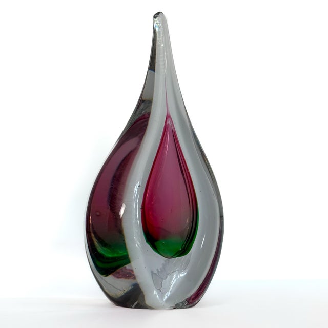 Late 20th Century Signed Art Glass Sommerso Teardrop Sculpture Paperweight, Red & Green Encased Glass For Sale - Image 5 of 6