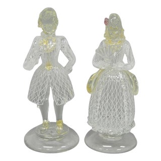 Vintage Italian Murano Latticino & Gold Leaf Art Glass Male & Female Figure Pair For Sale