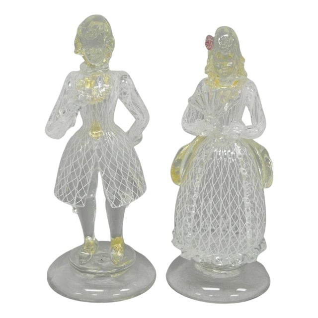 Vintage Italian Murano Latticino & Gold Leaf Art Glass Male & Female Figure Pair For Sale
